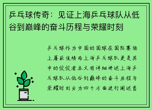 乒乓球传奇：见证上海乒乓球队从低谷到巅峰的奋斗历程与荣耀时刻